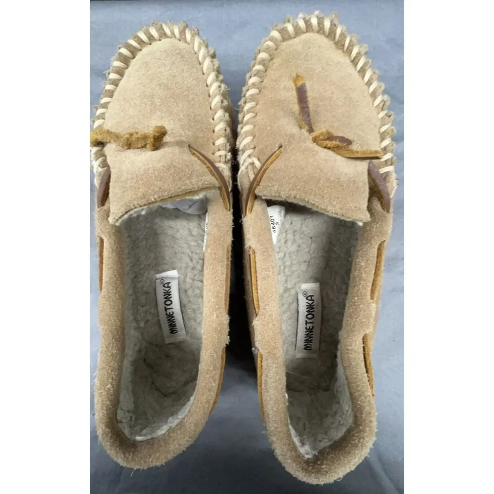 Minnetonka Moccasins Kids 3‎ Brown Tan Leather Sherpa Lined Slippers Shoes
